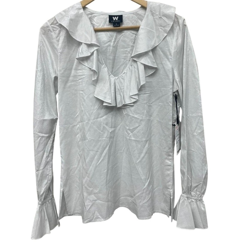 W BY WORTH White Luster V Neck Ruffle Blouse Metallic Shimmer Top W191BL5 Size 6